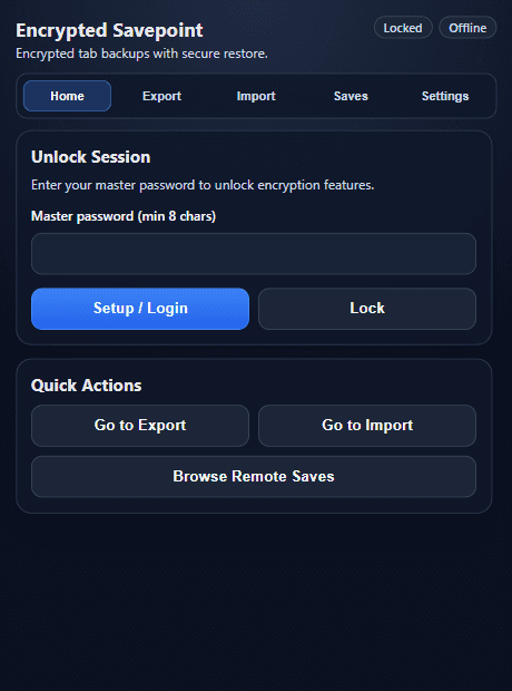 Browser Savepoint extension showing session unlock and backup actions