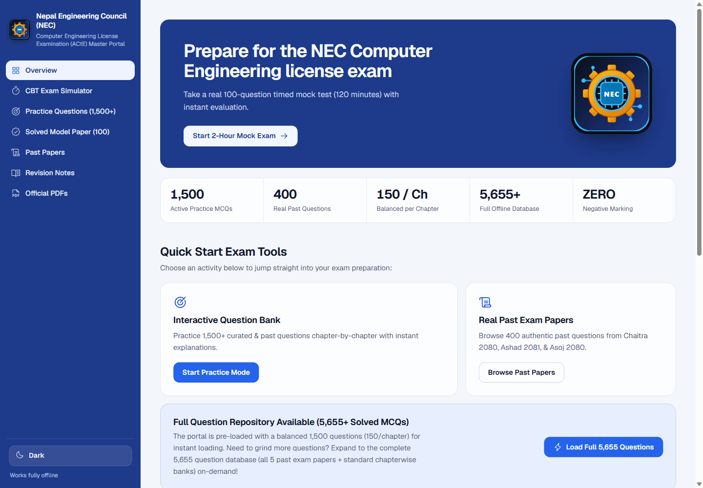 NEC Preparation Portal overview with mock exam and practice tools